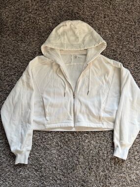 Girl Hicks Cropped Cozy Hooded Zip-Up Sweatshirt White Size XS